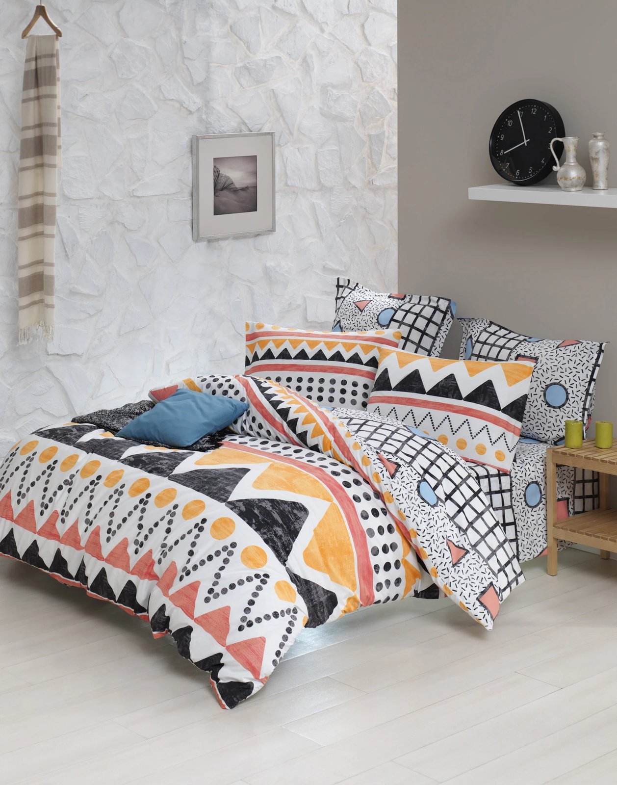 Set mbulesë për jorgan dopio, Ranforce, L'essentiel, Bettina, ngjyrë e verdhë, e zezë, e bardhë, salmon