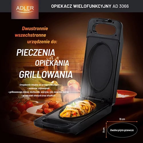 Pajisje pjekjeje/grilli me dy anë, Adler AD 3066, 750W-900W, pllaka jo-ngjitëse 18x9cm, e zezë Pajisje pjekjeje/grilli me dy anë, Adler AD 3066, 750W-900W, pllaka jo-ngjitëse 18x9cm, e zezë