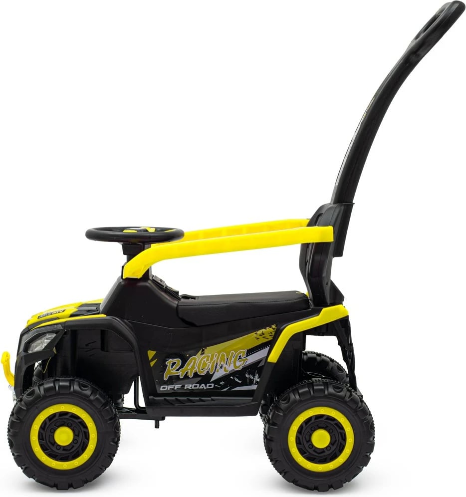 ride-on elektrik katërrrotësh Baby Mix Ruggy 6V 18W me shufër udhëzuese, kapacitet 30 kg, e verdhë