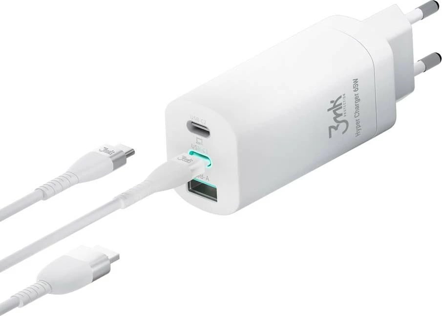 Karikues muri 3mk HyperCharger 65W, 2x USB-C + 1x USB-A, i bardhë