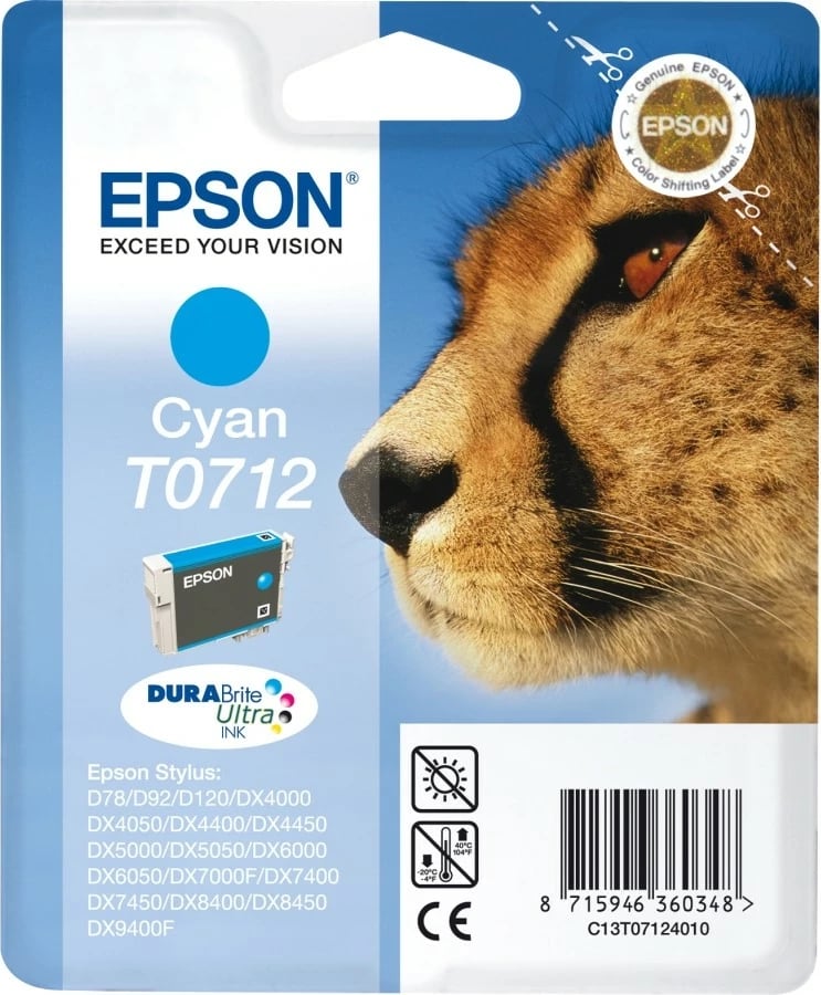 Toner Epson Cheetah Singlepack Cyan T0712 DURABrite Ultra Ink, 1 copë