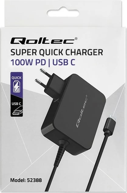 Karikues mur Qoltec GaN Power Pro 52388, 100W, 1x USB-C, 1.7m, Zi
