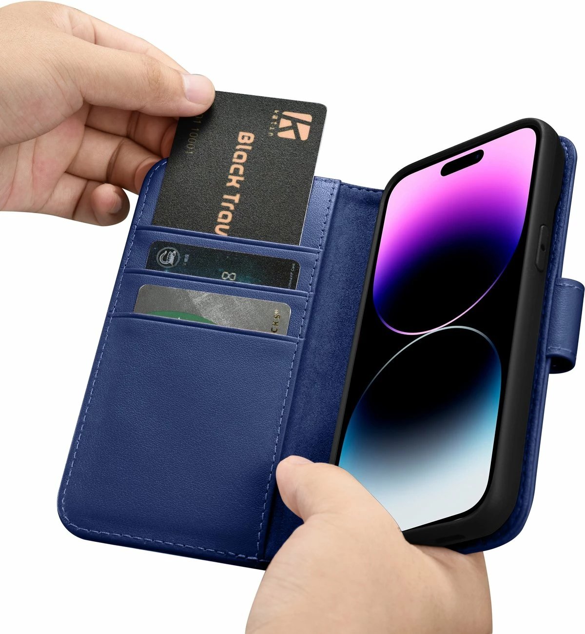 Mbështjellës iCarer Wallet Case 2in1 për iPhone 14 Pro, lëkurë natyrale, Anti-RFID, Blu