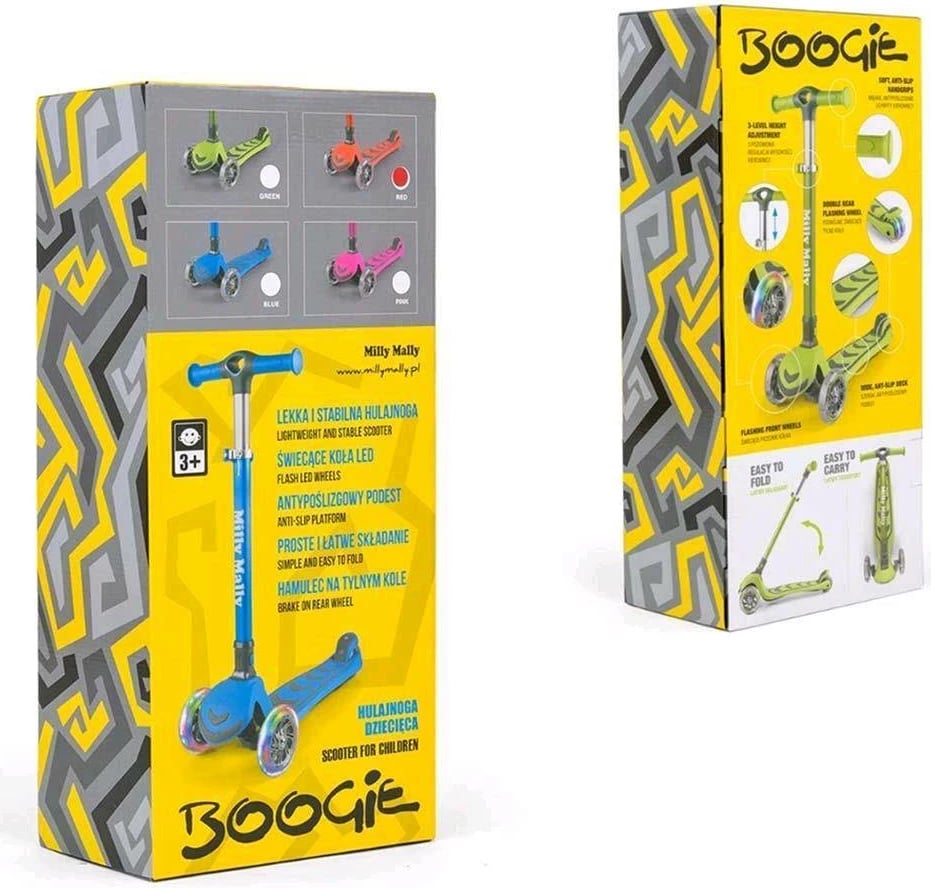 Trotinet fëmijësh, Milly Mally Boogie, 3 rrota, timon me balancë, rregullim 3 nivele, rrota me drita LED, 3+ 50 kg, rozë
