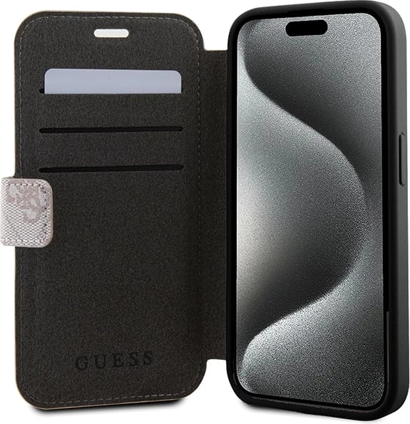 Mbështjellës Guess 4G Metal Logo për iPhone 15 Pro, rozë