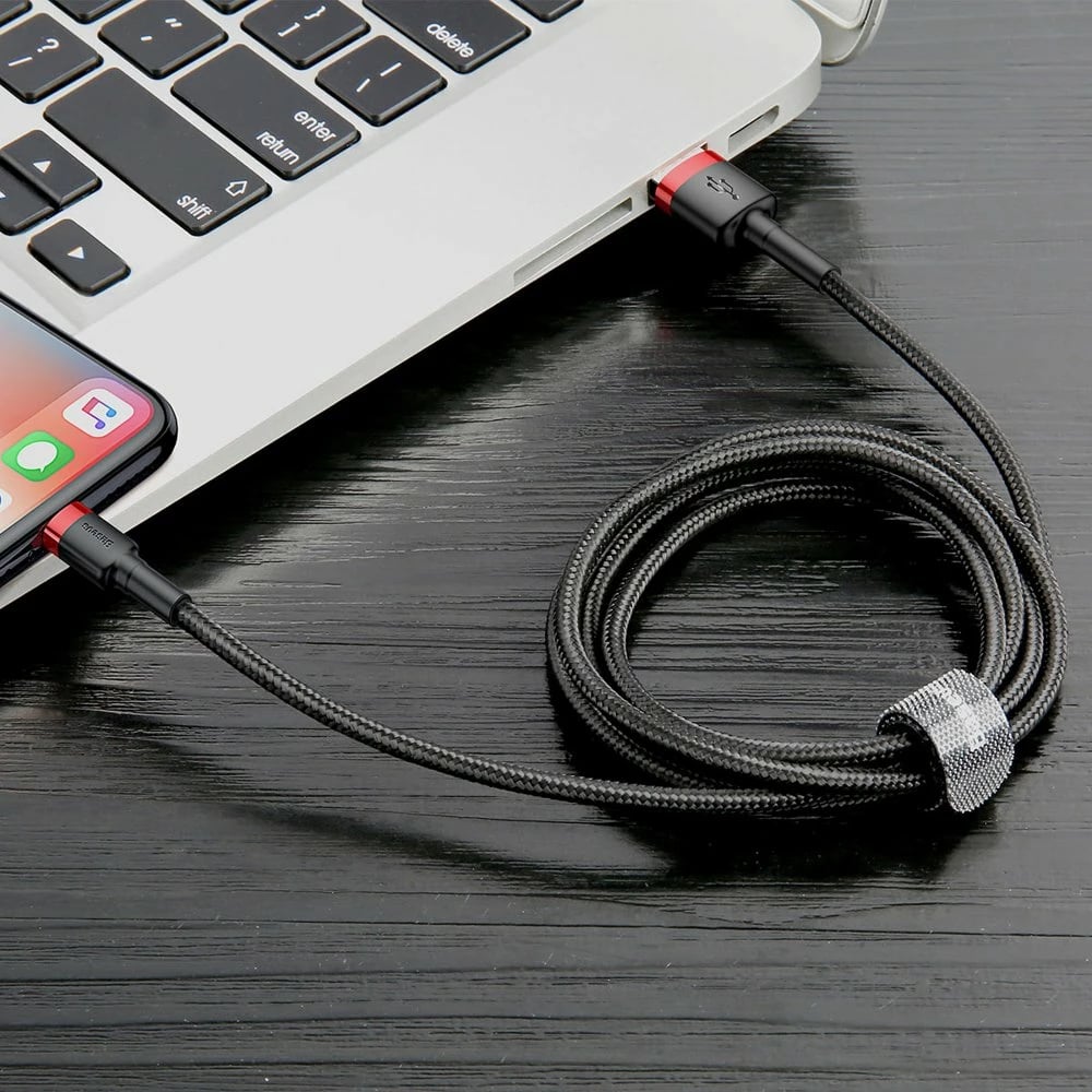 Kabllo Baseus Cafule CALKLF-A19, USB-A në Lightning, 0.5m, 2.4A, e zezë/kuqe