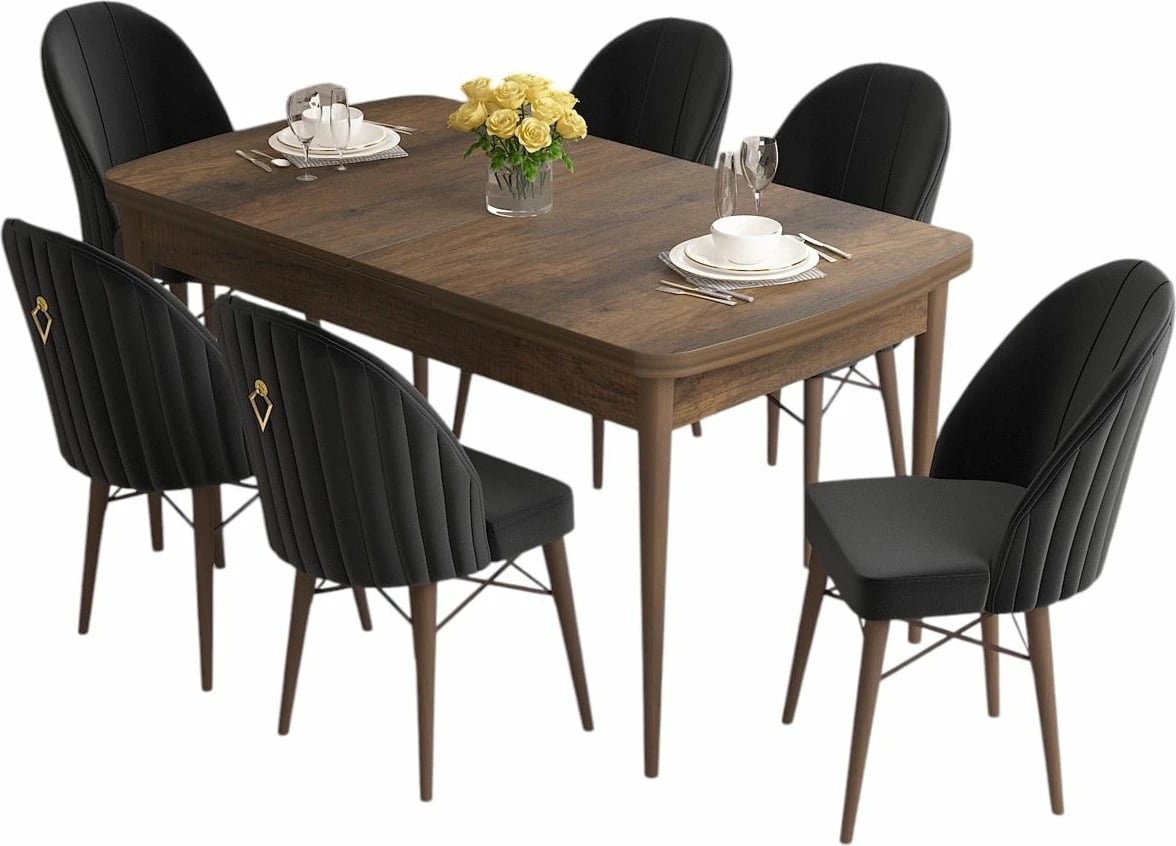 Set tavolinë me karrige për ngrënie, zgjatues, 7 pjesë, Skye Decor, roz - barok, e zezë