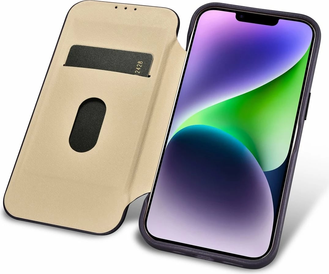 Mbështjellës iCarer CE Premium lëkurë, për iPhone 14 Plus, MagSafe, vjollcë e errët