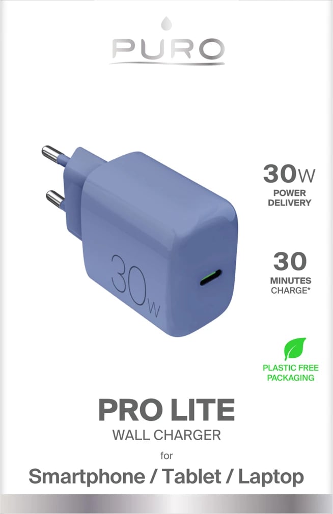 Karikues muri, Puro, Pro Lite 30W, USB-C PD, 1 port, prizë EU, blu