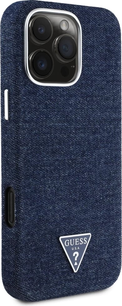 Mbështjellës Guess Denim Triangle Logo MagSafe për iPhone 16 Pro, Kaltër