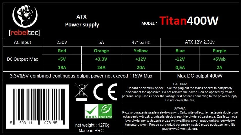 Furnizues energjie për kompjuter Rebeltec TITAN 400, ATX 2.31, 400W, Black Edition