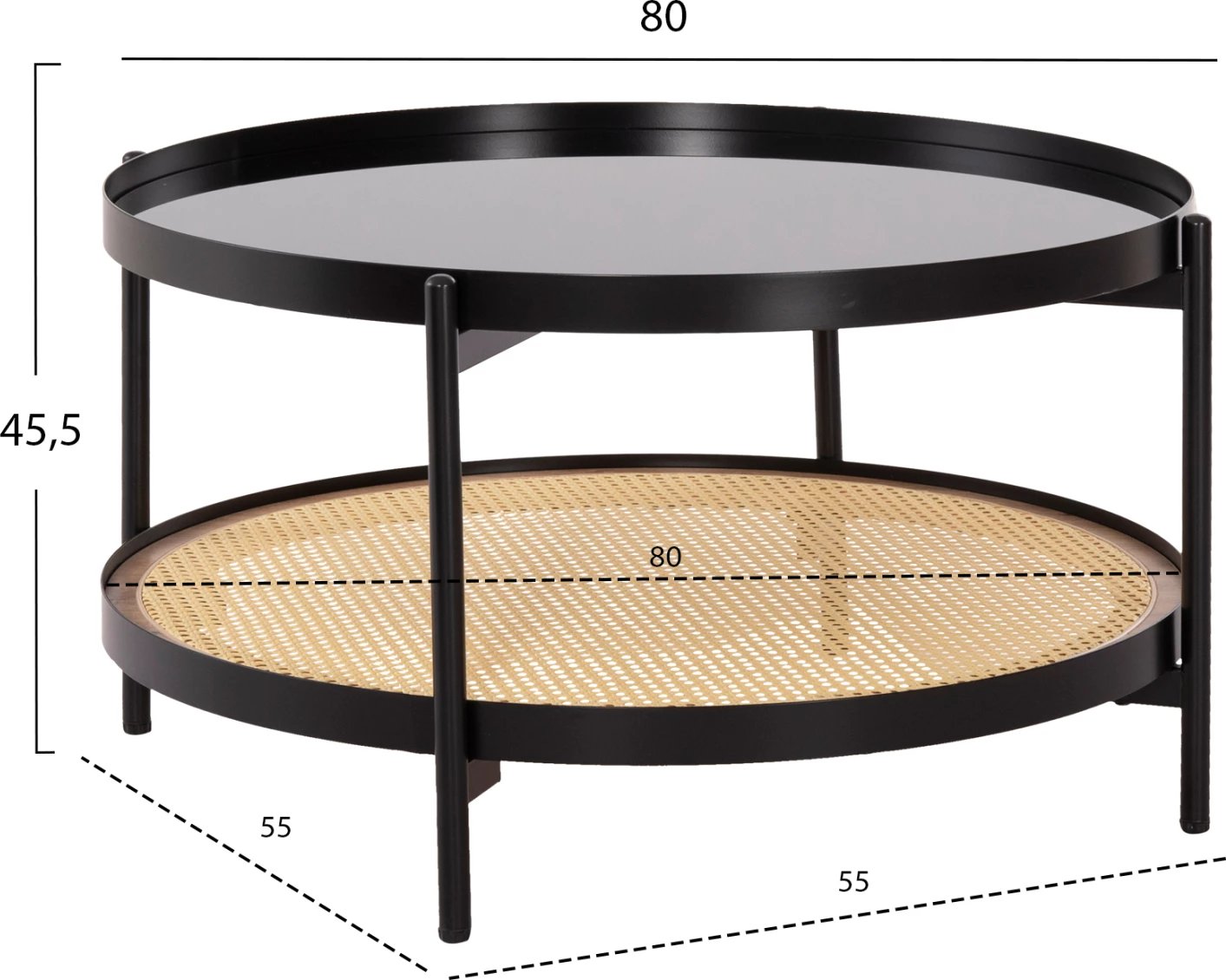 Tavolinë kafeje SEITZ FH18030, sipërfaqe xhami, metal-ratan, Φ80x45Hcm