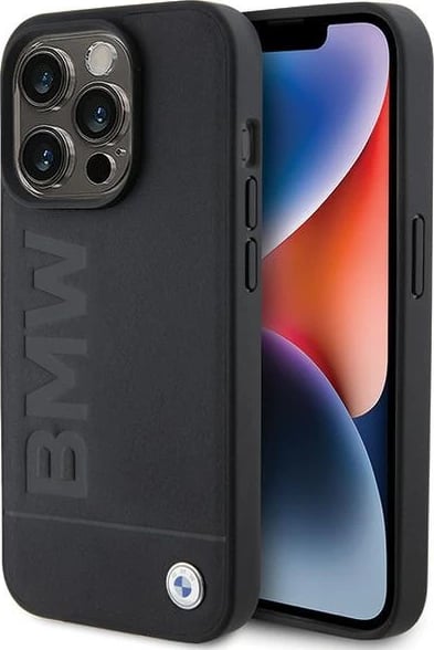 Mbështjellës BMW Leather Hot Stamp MagSafe për iPhone 15 Pro, i zi