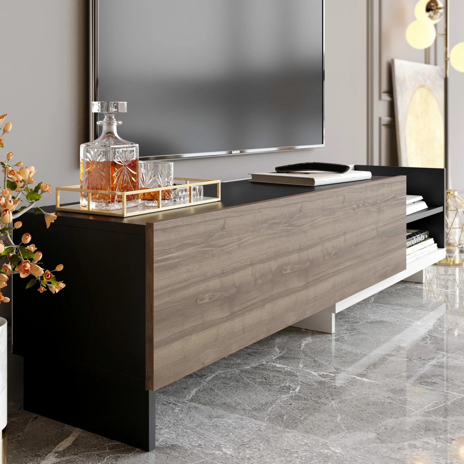 Komodë televizori, stil skandinav, ngjyrë e bardhë, e zezë, arre, Skye Decor, Parion