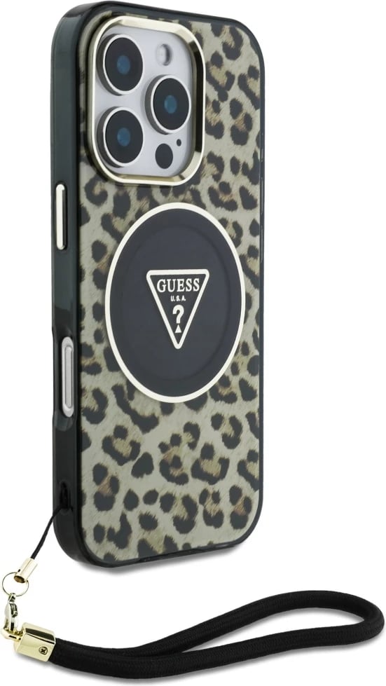 Mbështjellës Guess HC IML Leopard Triangle Cord Strap për iPhone 16 Pro, MagSafe, Kafe