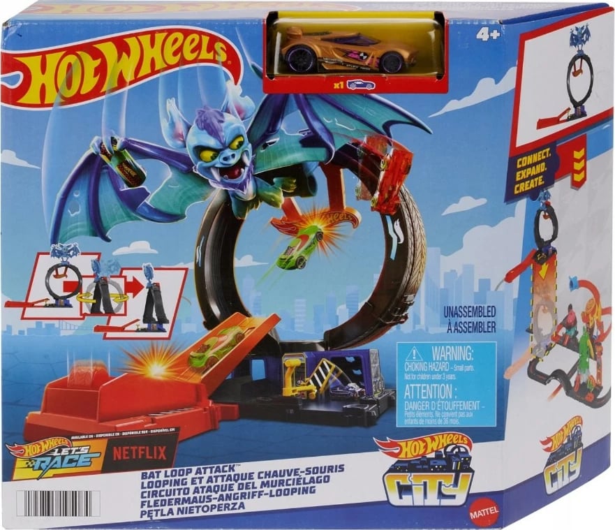 Set lodër Hot Wheels Bat Loop City, me makinë 1:64, shumëngjyrësh