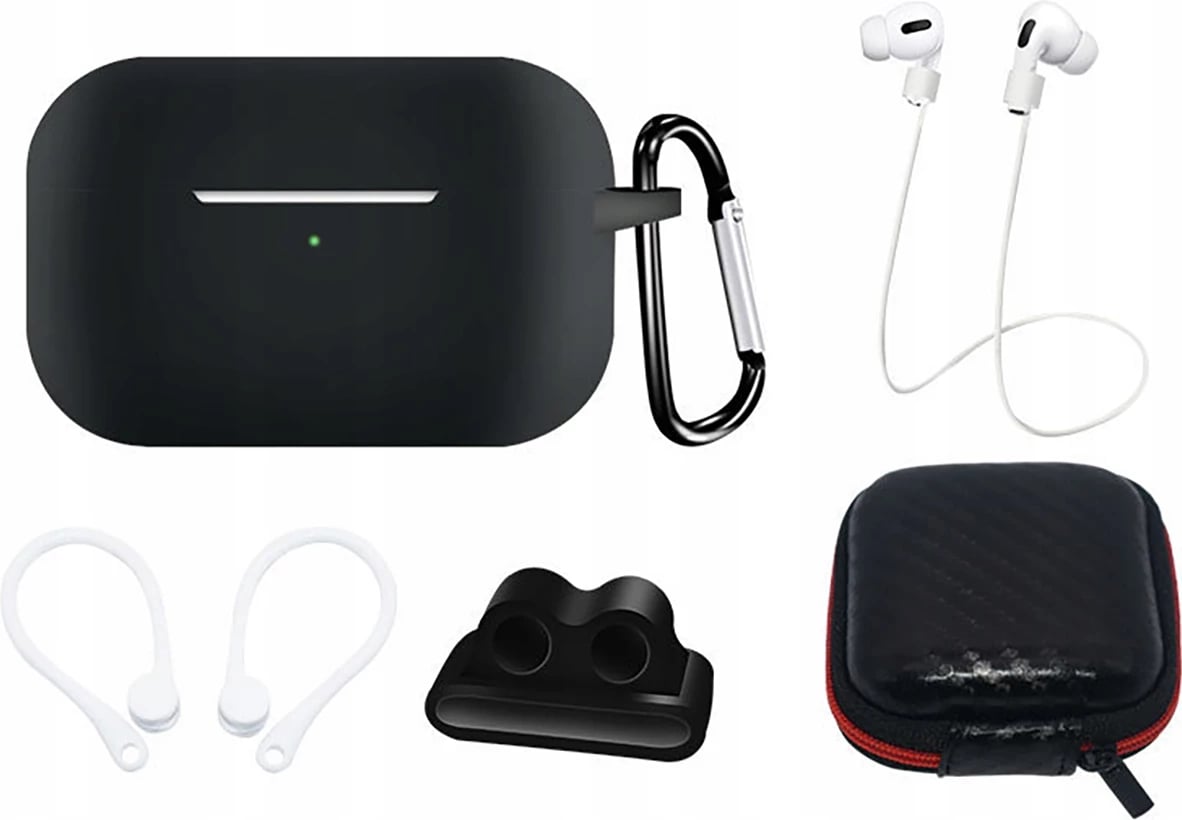 Set mbështjellës silikoni për AirPods Pro 2/1 Hurtel, me karabiner, rrip qafe, mbajtëse për orë, kllapa për vesh, zi