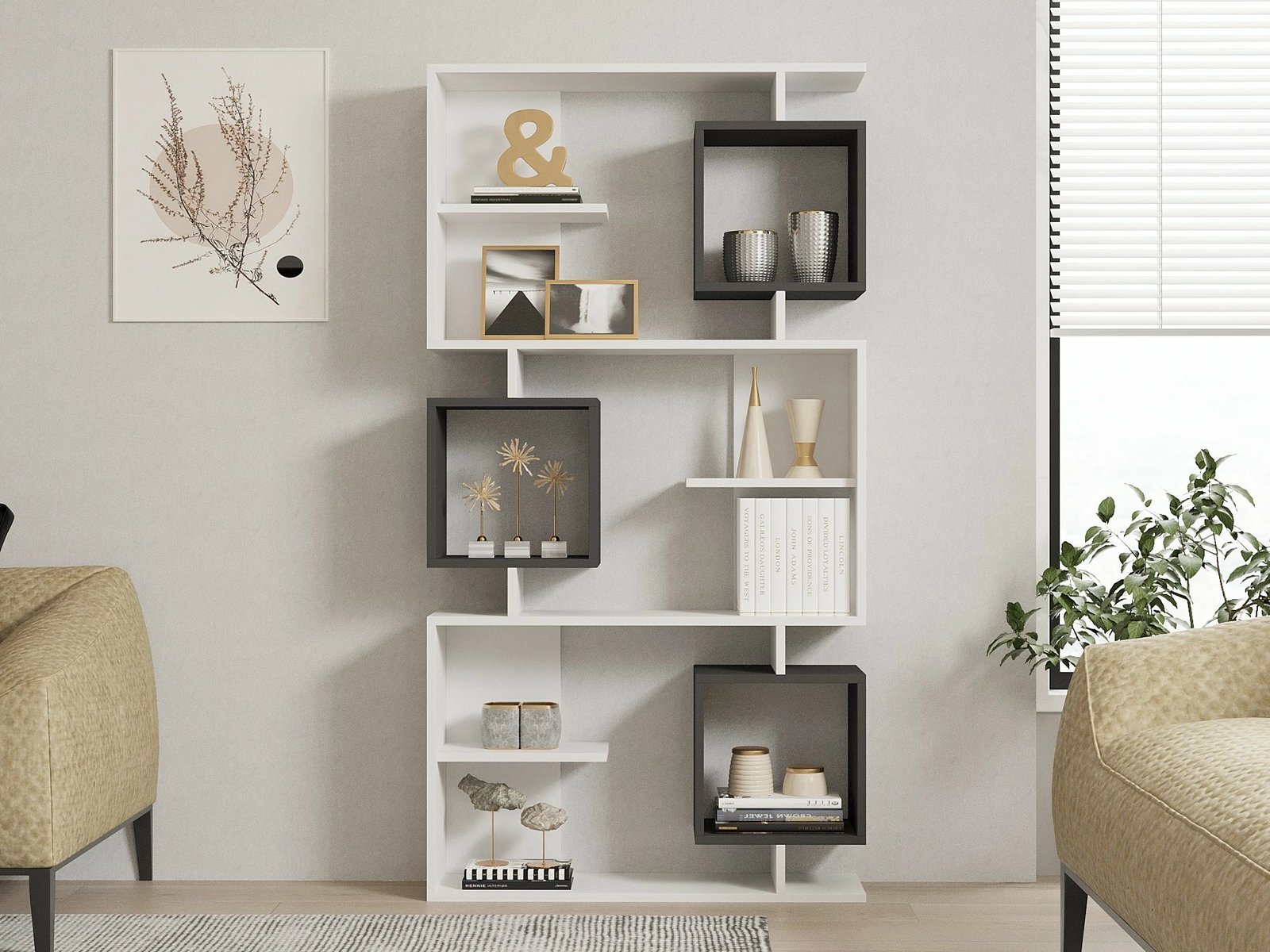 Raft librash Hanah Home, Icardi, bardhë-antracit