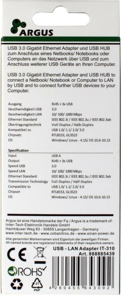 Adapter USB hub Inter-Tech ARGUS IT-310, 3x USB 3.2, RJ-45, alumini, zi