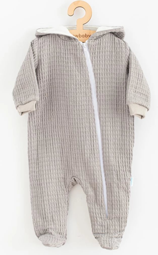 Kombinezon muslin për bebe me kapuç, New Baby, Comfort Clothes, 100% pambuk, zinxhir anësor i gjatë, madhësia 80 (9–12m), gri