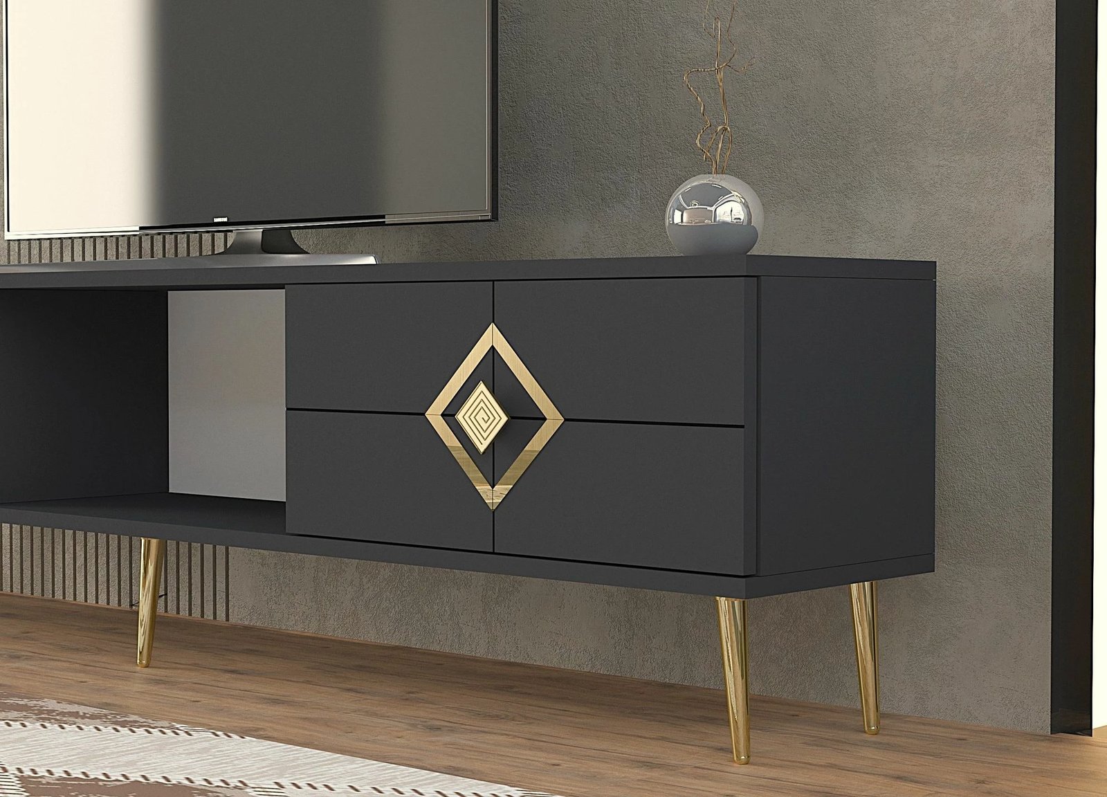 Komodë TV Skye Decor, ngjyrë antracit, detaje ari