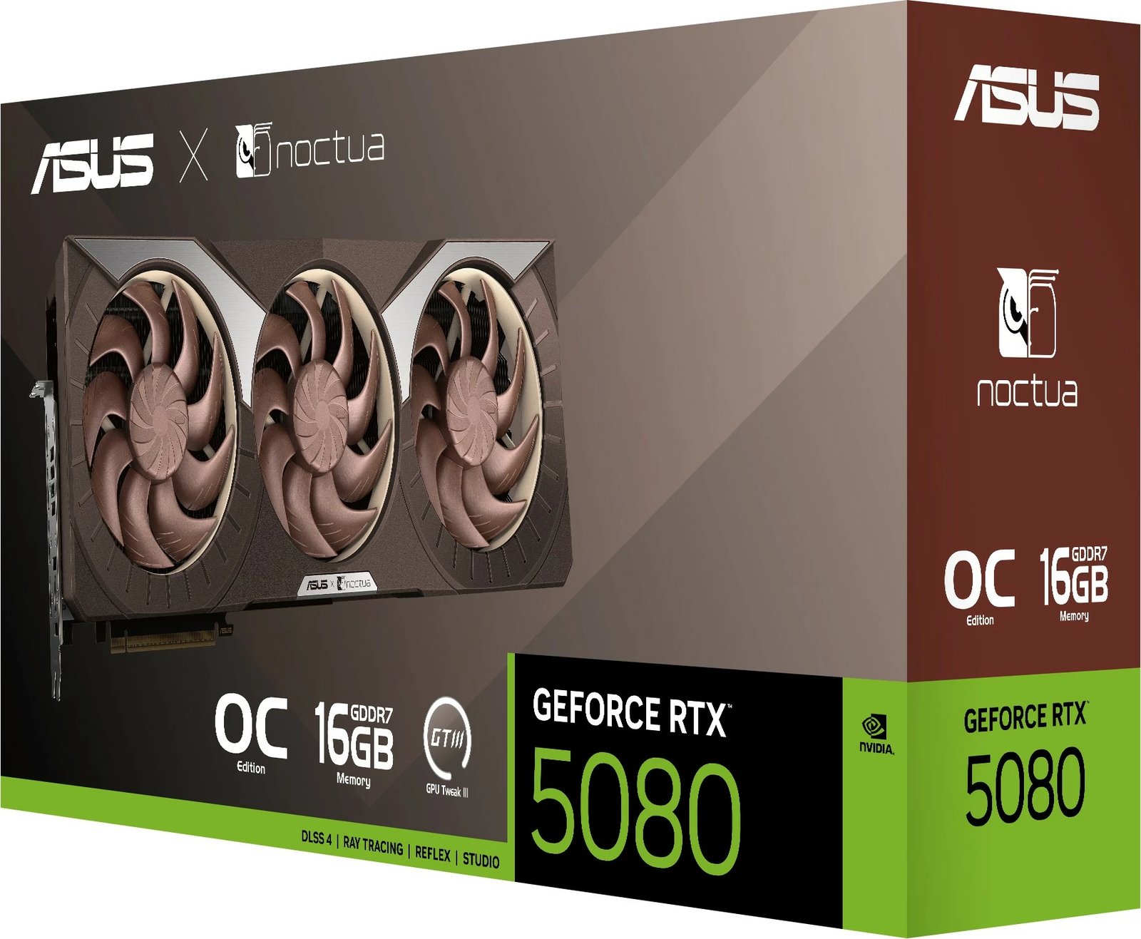 Kartelë grafike ASUS RTX 5080 Noctua OC Edition 16GB GDDR7, 3 ventilatorë, kafe Kartelë grafike ASUS RTX 5080 Noctua OC Edition 16GB GDDR7, 3 ventilatorë, kafe