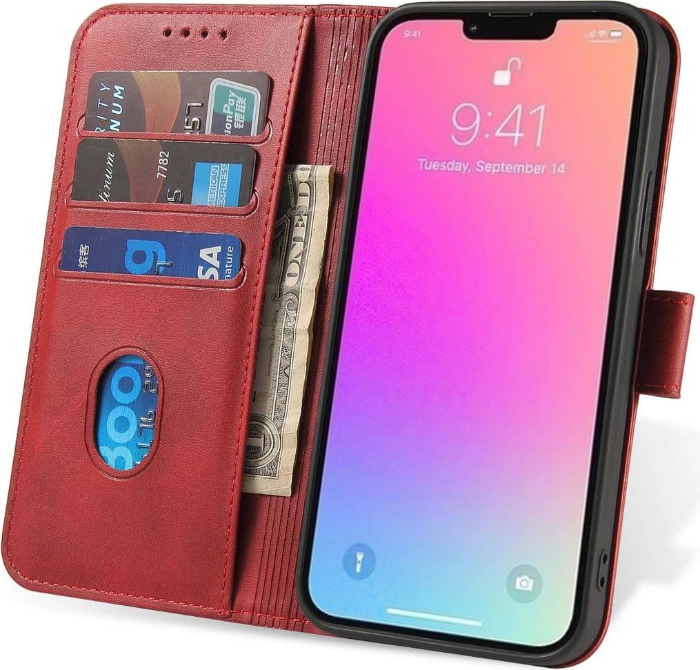 Mbështjellës Hurtel Magnet Case për Samsung Galaxy S23 Ultra, me portofol dhe mbajtëse, e kuqe