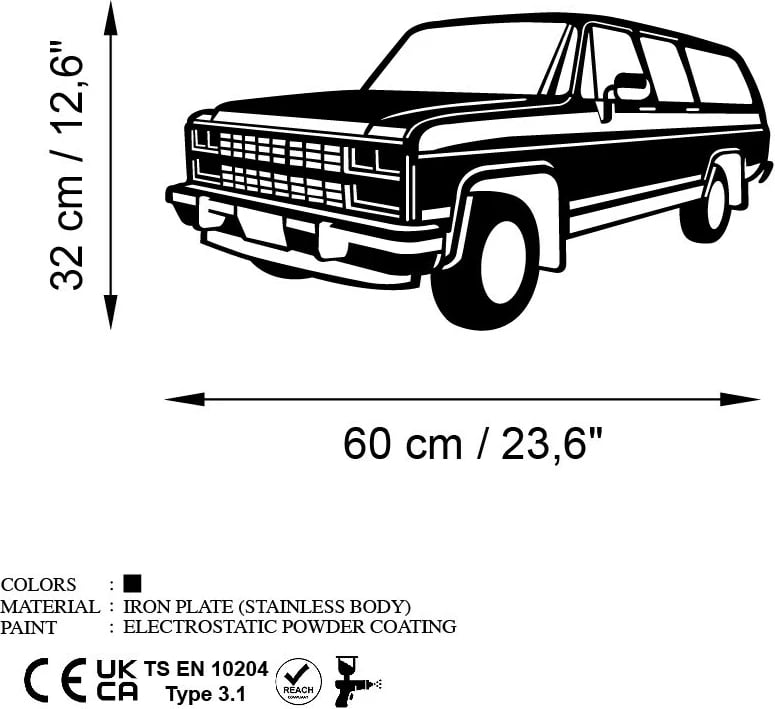 Aksesor dekorativ metalik për mur, Wallity, Chevrolet Suburban, ngjyrë e zezë, 60x32cm