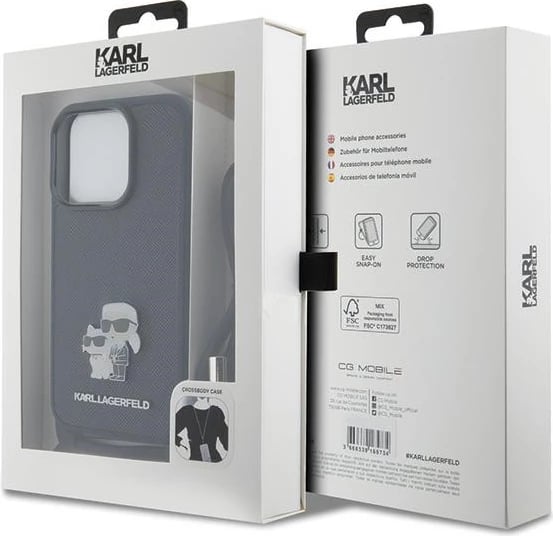 Mbështjellës Karl Lagerfeld Crossbody Saffiano Metal Pin Karl & Choupette për iPhone 15 Pro, e zezë
