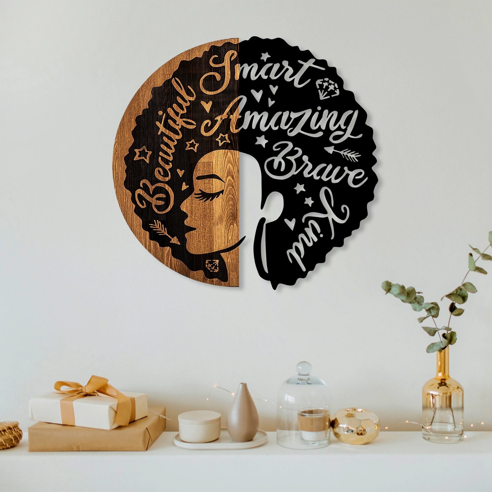 Aksesor dekorativ për mur, dru arre dhe i zi, Wallity, femër, 56x59cm