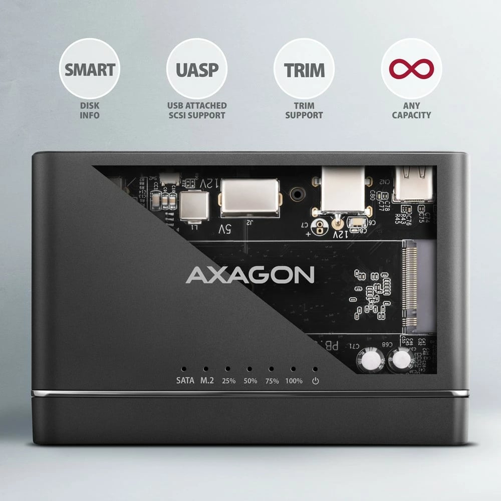 Adapter USB-C AXAGON ADSA-CC Clone Master 2, për NVMe M.2 dhe SSD/HDD 2.5"/3.5", i zi