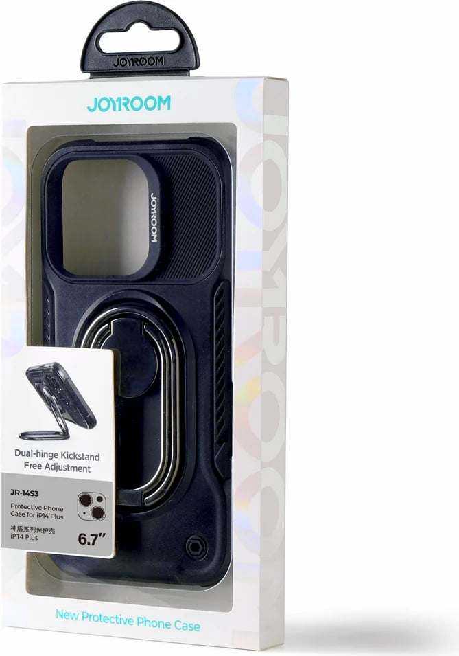 Mbështjellës Joyroom Dual Hinge për iPhone 14 Plus, me këmbalec dhe ring holder, Zi