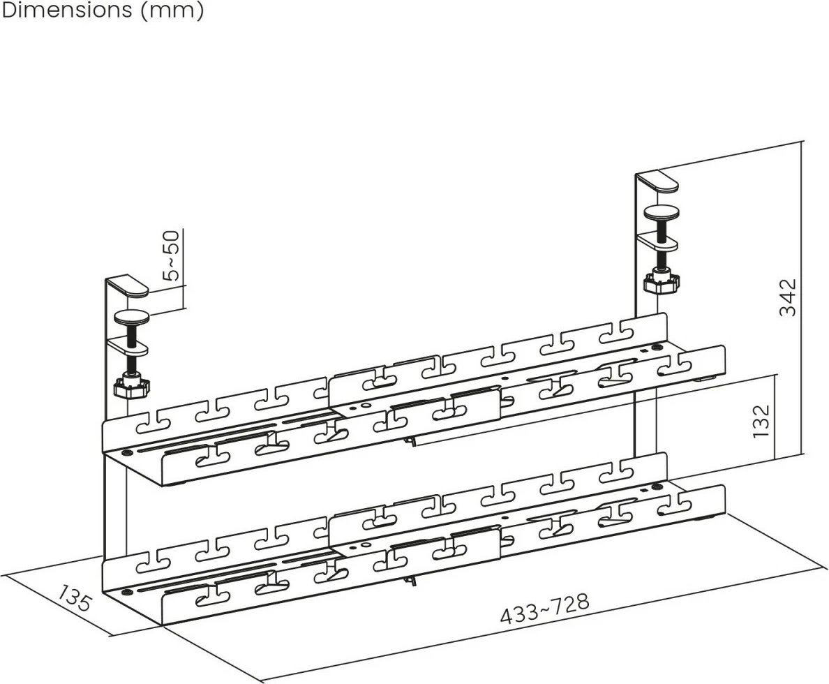 Organizator kabllosh nën tavolinë Maclean MC-102 B, dy-nivelësh, 433-728 mm, 5 kg, me 8 rripa velcro, i zi, set 1 copë