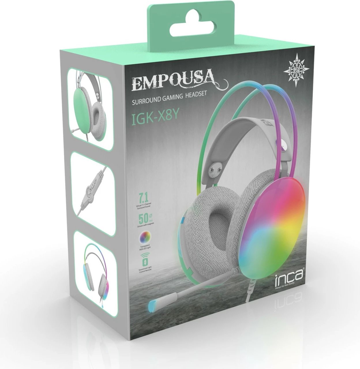 Kufje gaming Inca IGK-X8Y 7.1, USB, RGB-LED, mint