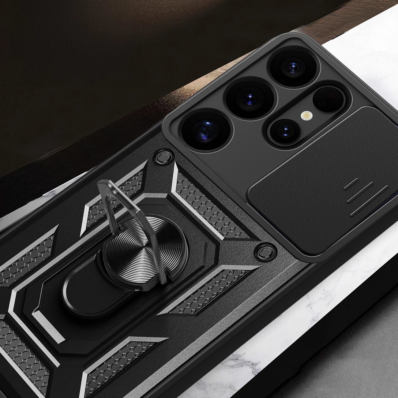 Mbështjellës Hurtel Hybrid Armor Camshield me kapak kamere dhe unazë metalike për Samsung Galaxy S25 Ultra, Zi