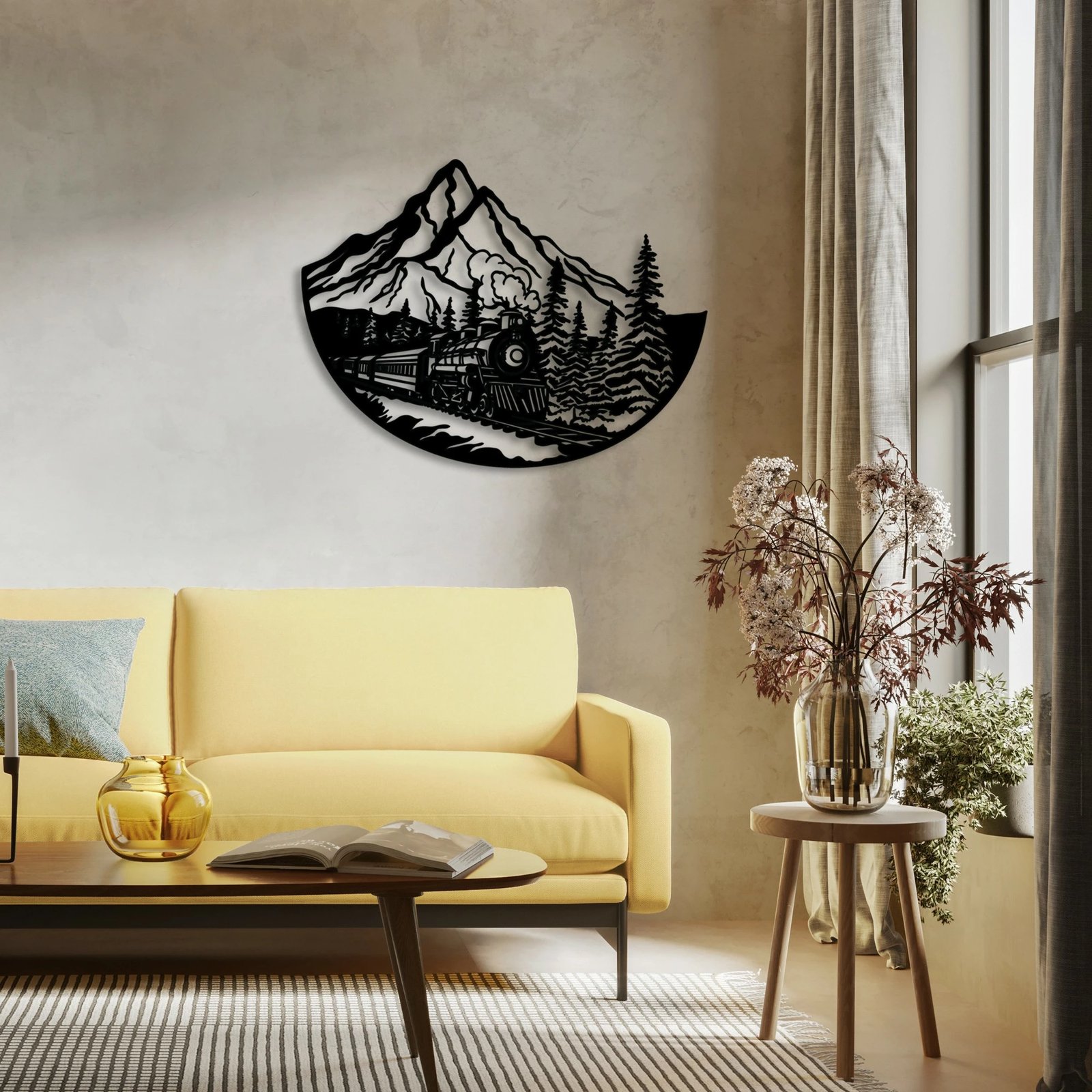 Aksesor dekorativ metalik për mur, tren, Wallity, ngjyrë e zezë, 55x73cm