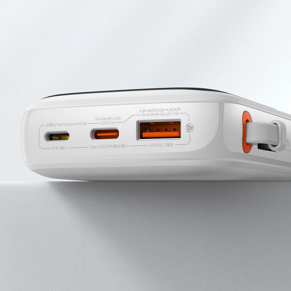 Power bank Baseus Qpow, 10000mAh, 20W, me kabllo Lightning të integruar, Bardhë