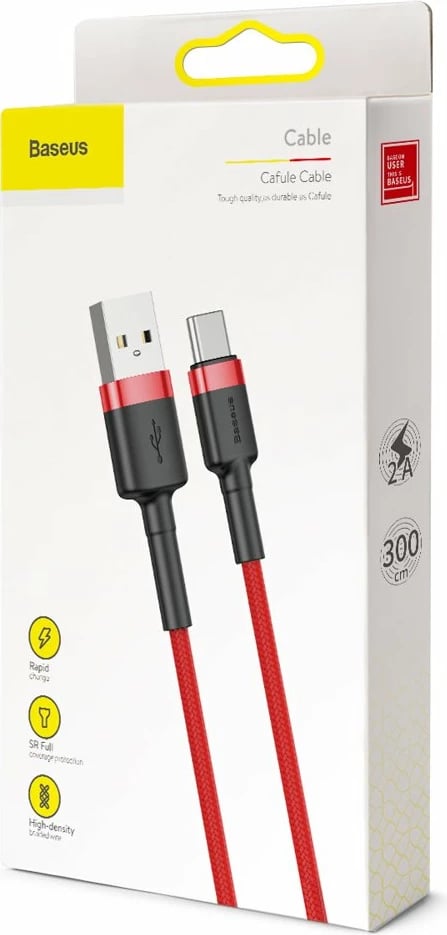 Kabllo Baseus Cafule, USB në USB-C, 3 metra, i kuq
