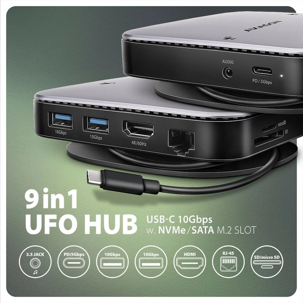 Hub multiport AXAGON HMC-UFO, 9-në-1, 10Gbps, 2x USB-A, HDMI 4K/60Hz, M.2 NVMe/SATA, audio, PD 100W, SD/microSD, GLAN, kabllo USB-C 65cm, zi/argjendtë