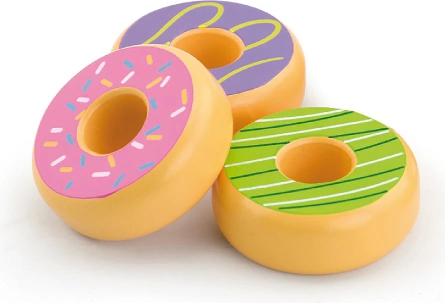 Lodër druri, Viga, donut prej druri, diametër 60 mm, për 18+ muaj, shumëngjyrësh, set 6 copë