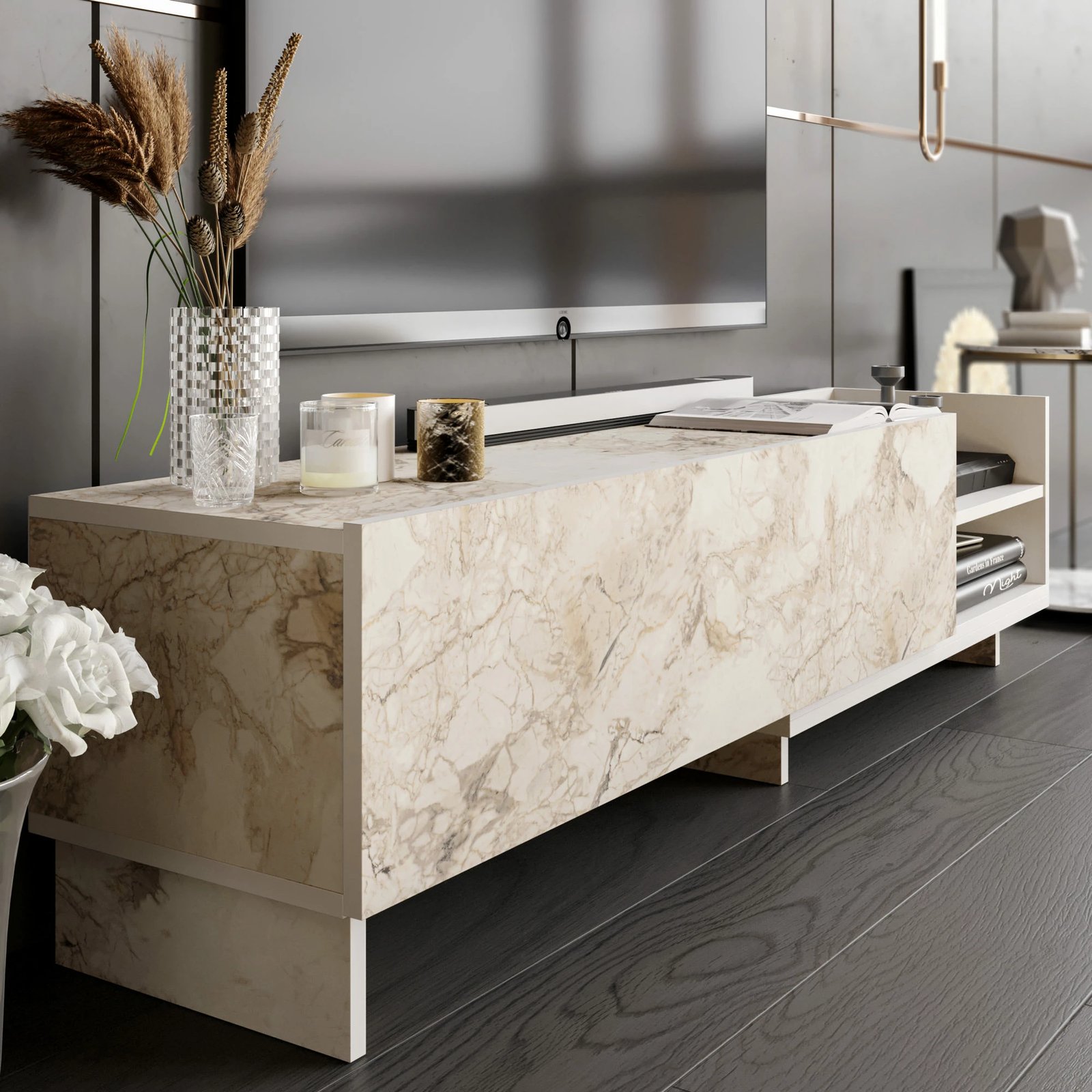 Komodë TV Parion, e bardhë, Hanah Home