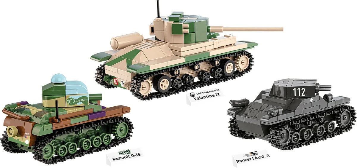 Set lodrash ndërtimi Cobi Klocki 2740 Renault R35, Valentine IX, Panzer I, 595 pjesë