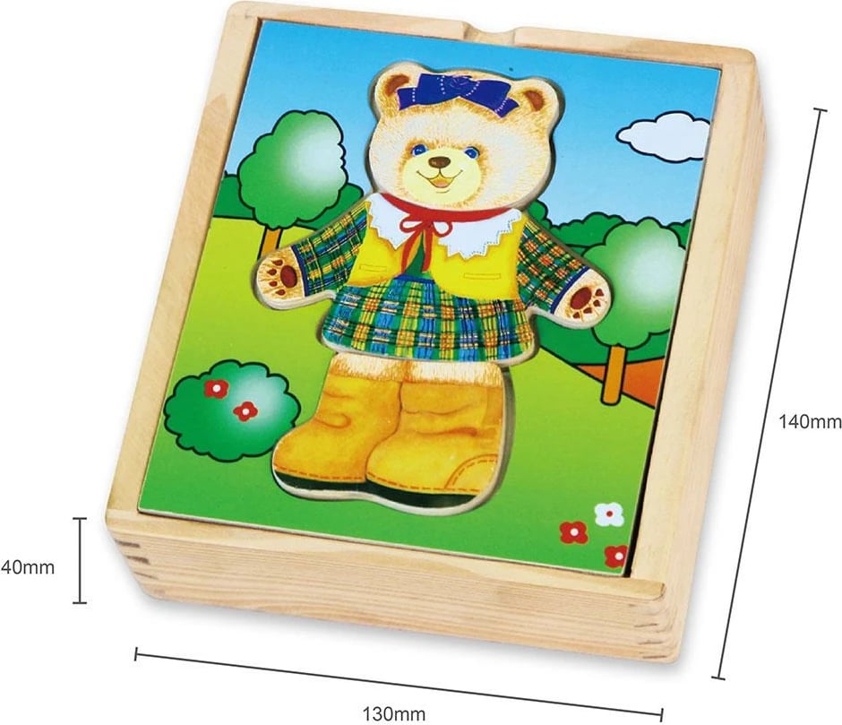 Puzzle druri veshjeje, Viga, Teddy Bear, 18 copa, për 18+ muaj, me kuti druri, shumëngjyrëshe