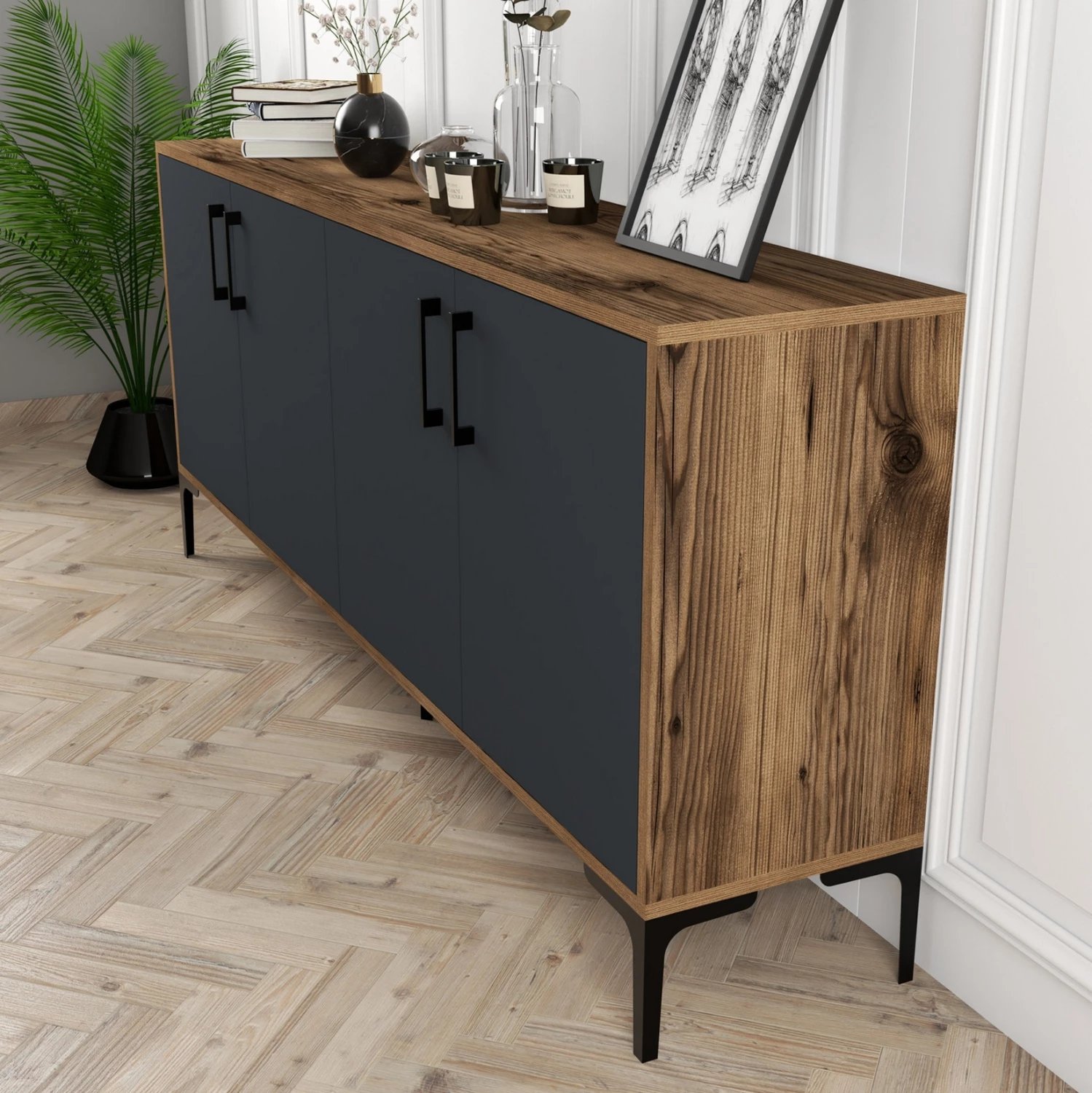 Bufe melamine, ngjyrë arre me dyer gri qymyr, 180x35x78H cm, FH9428.01