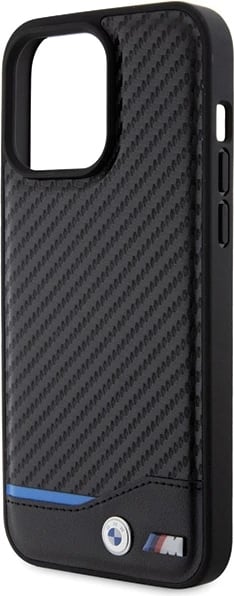 Mbështjellës BMW Leather Carbon për iPhone 15 Pro Max, i zi