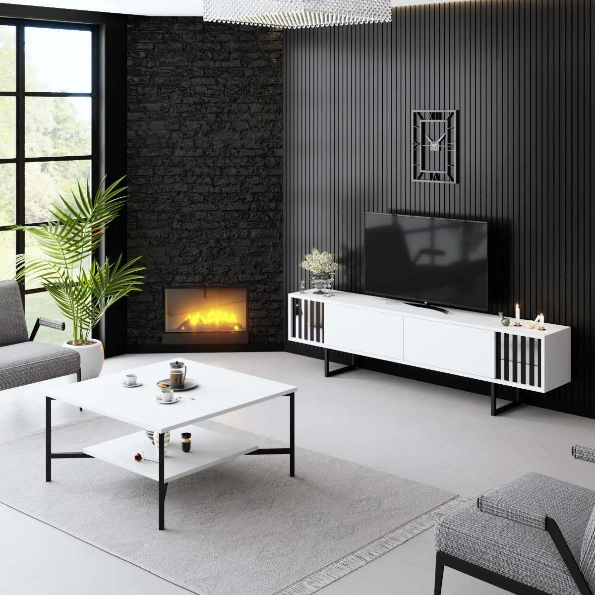 Komodë TV Hanah Home, Chrome Line, e bardhë dhe e zezë