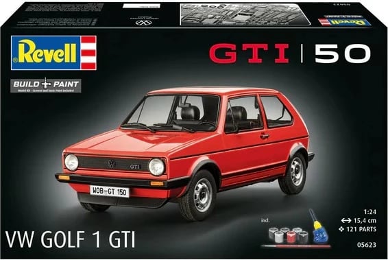 Model veture plastik, Revell, VW Golf 1 GTI 50 Years (REV-05623), shkallë 1:24, 121 pjesë, gjatësi 15.4 cm, për montim dhe lyerje