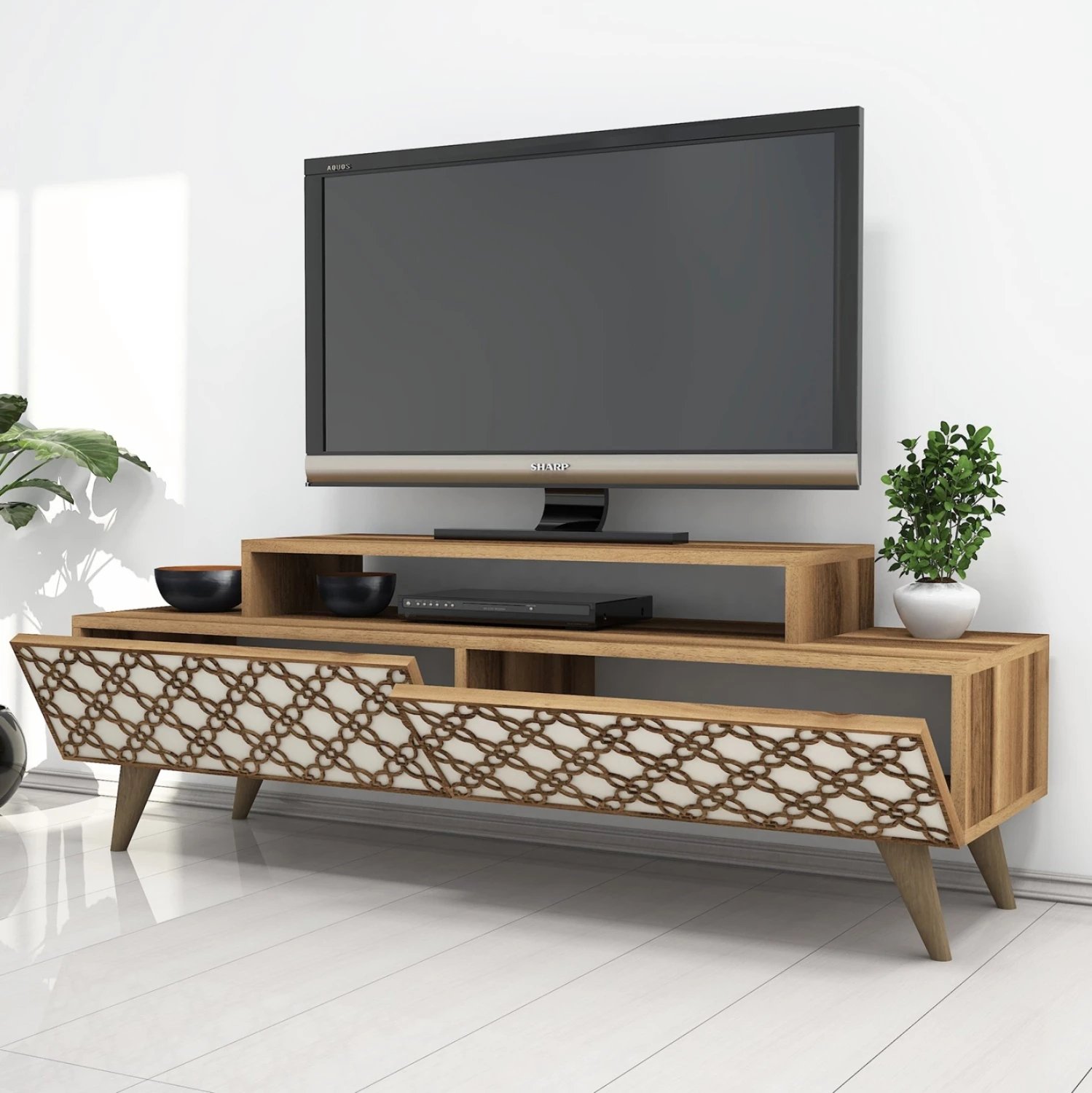 Stendë TV melamine, ngjyrë arre dhe krem, FH9510.03, 140x41.8x48.8 cm