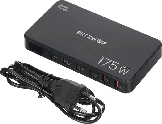 Stacion karikimi Blitzwolf BW-S30, 6-në-1, 4xUSB-C + 2xUSB-A, 175W, i zi