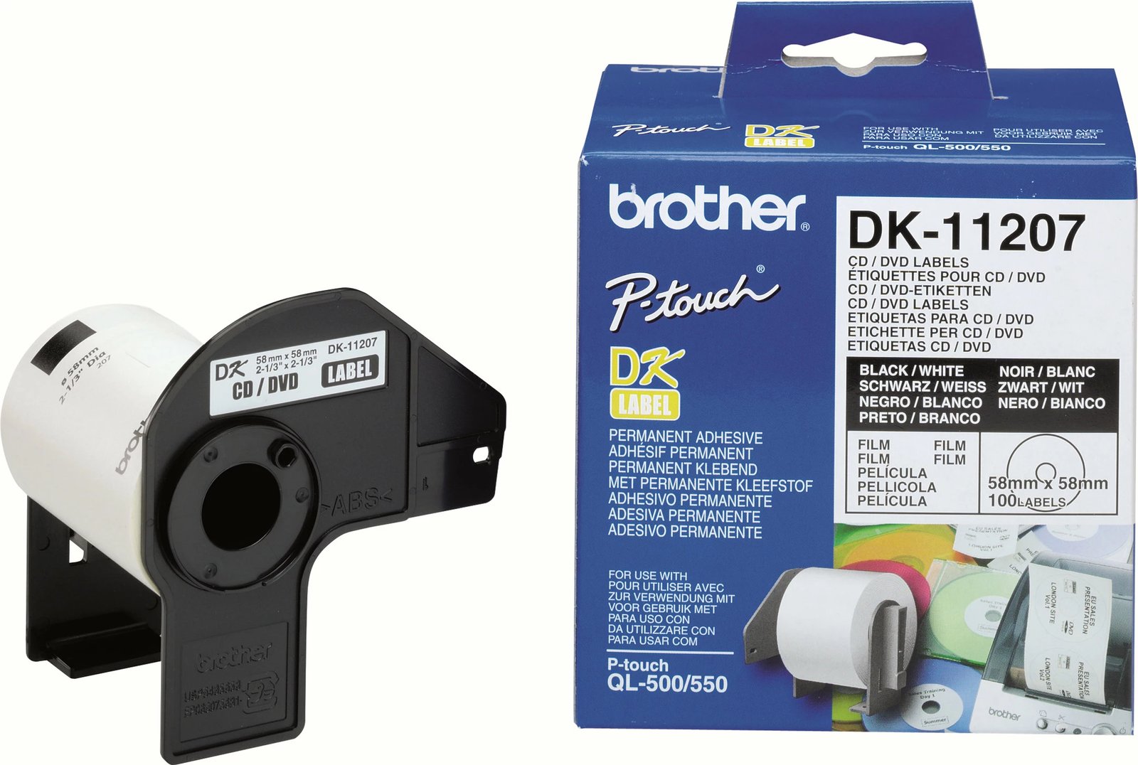 Etiketa CD/DVD Brother DK-11207, 58mm, 100 copë, Black on White